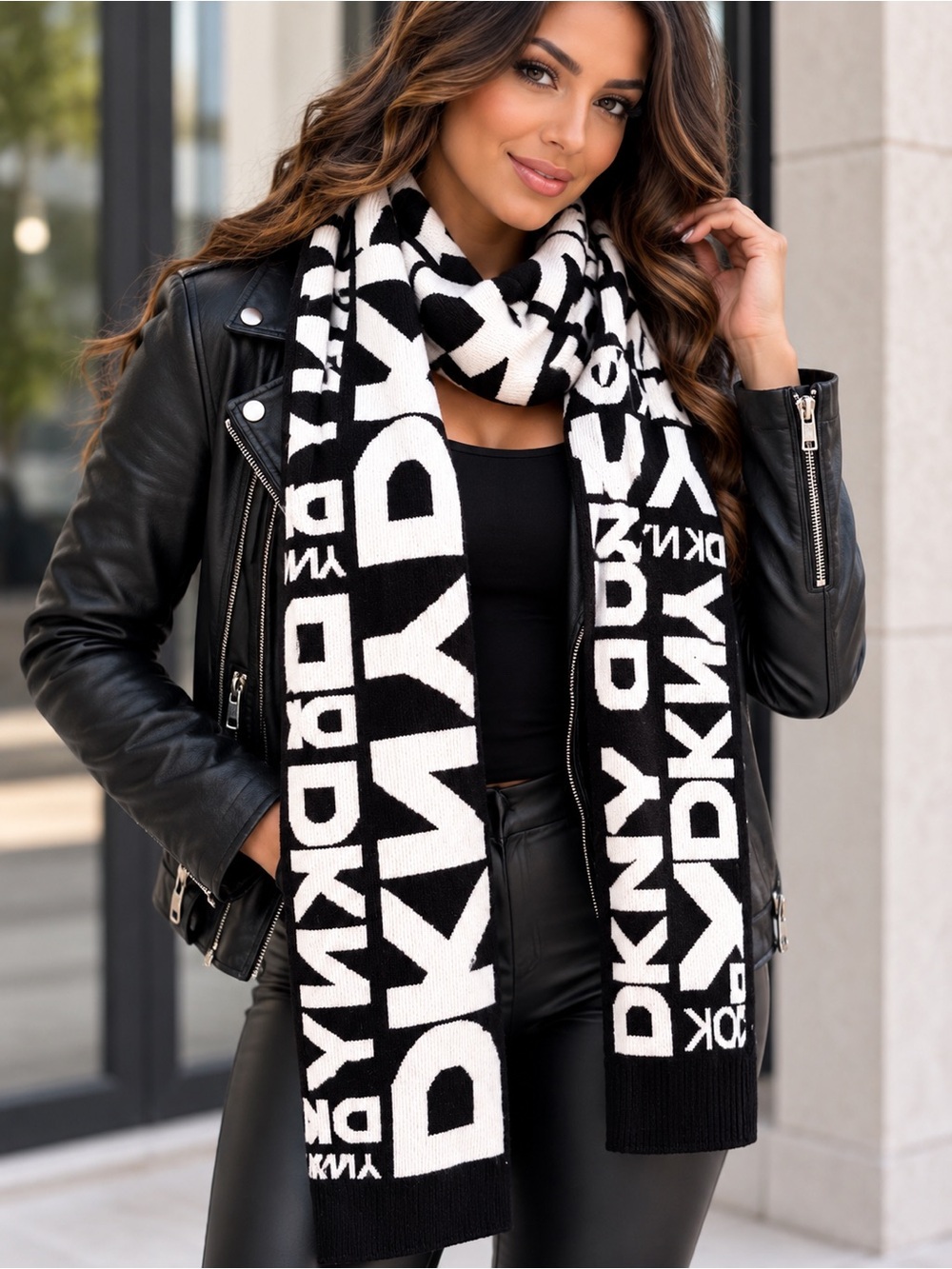 DKNY Black and White Logo Knit Scarf